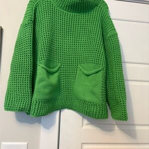 Vibrant Green Cowl Neck Sweater with Pockets